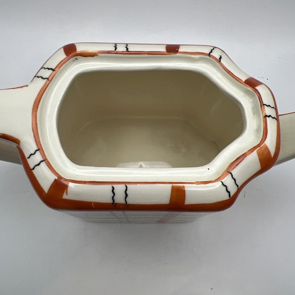 Vtg Gold Castle Japan Plaid Teapot Art Deco Orange Windowpane Check Spout Crack